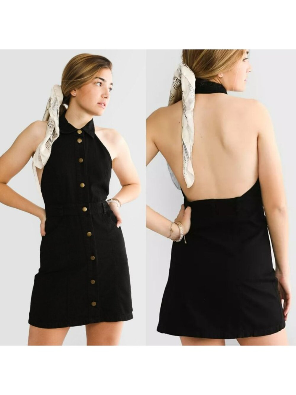 Free People Sami Mini Dress Black Collared Halter Open Back Cute Preppy Summer